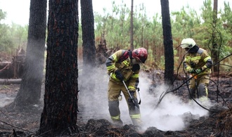 Ukrainische Feuerwehrleute helfen Feuerwehr nach Waldbrand nahe Bordeaux